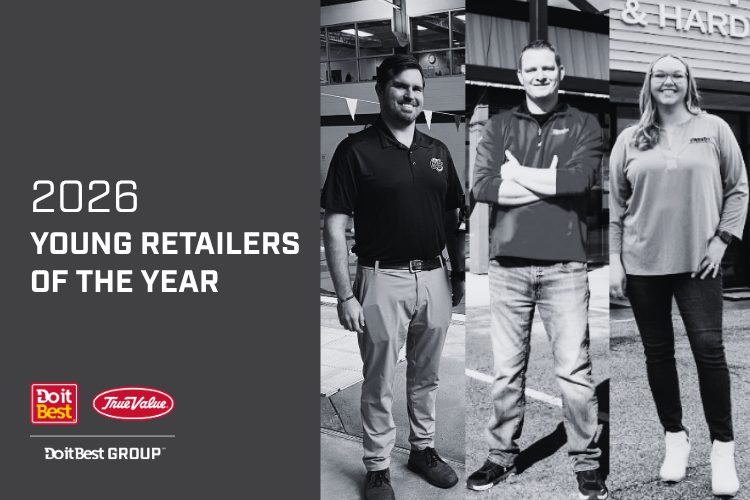 2026 Young Retailers of the Year award banner with three people standing outside a Do It Best store; Do It Best Group logos.