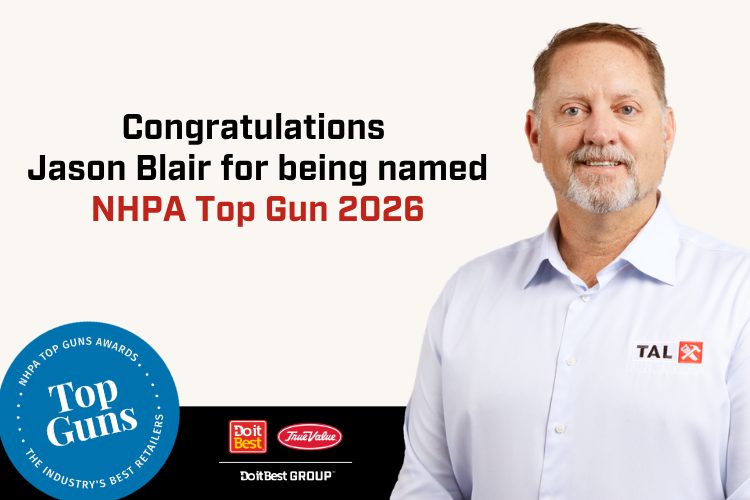 Jason Blair named NHPA Top Gun 2026; man in light blue shirt on the right, Top Guns badge and sponsor logos on the left.