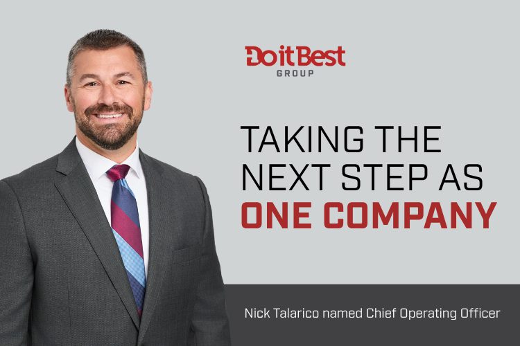 Do It Best Group banner showing a smiling man in a dark suit on the left, with the headline 'Taking the next step as ONE COMPANY' and a bottom caption 'Nick Talarico named Chief Operating Officer'